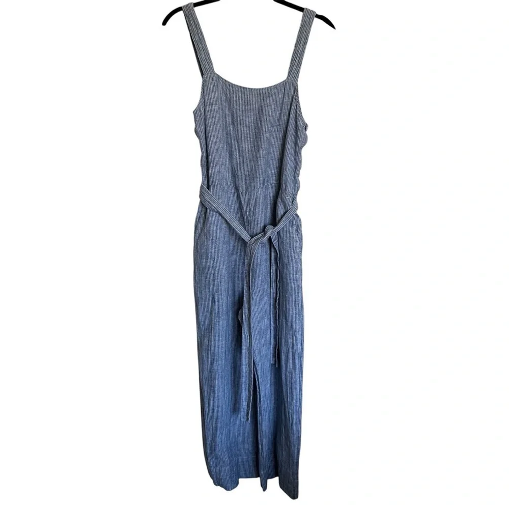 EVERLANE The Linen Side-button Blue White Straight Leg Jumpsuit Size 2